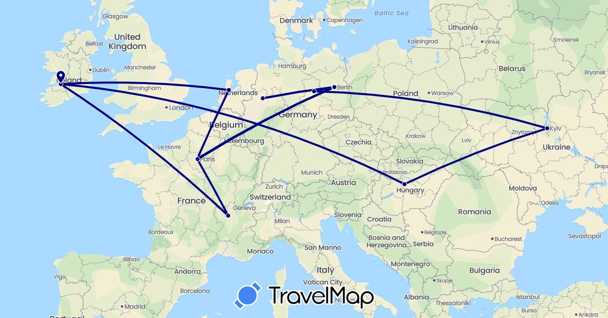 TravelMap itinerary: driving in Germany, France, Hungary, Ireland, Netherlands, Ukraine (Europe)